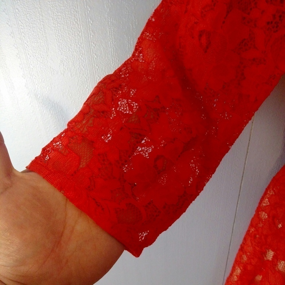 French Connection Red Lace Fit Flare Dress 3/4 Sleeve Boat Neck Evening Party - Picture 6 of 6